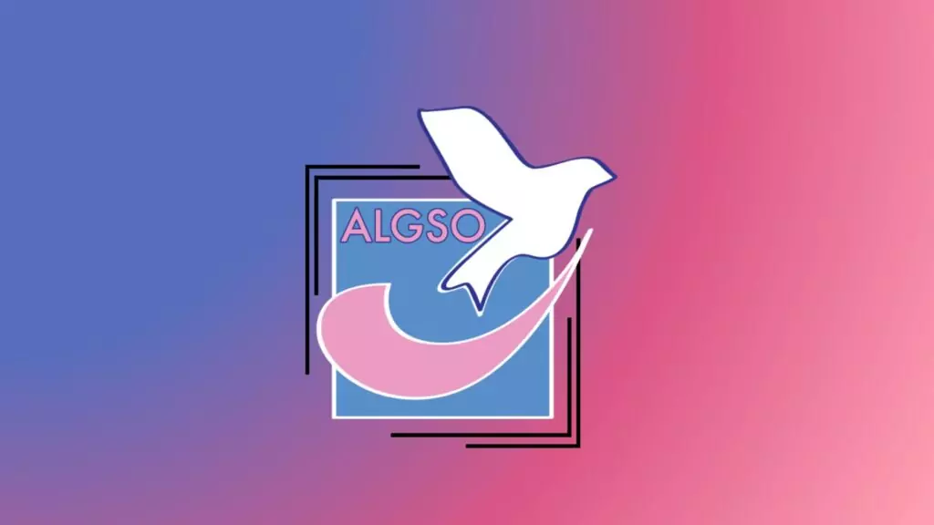 a white bird in a blue square with a pink tick (ALGSO logo)