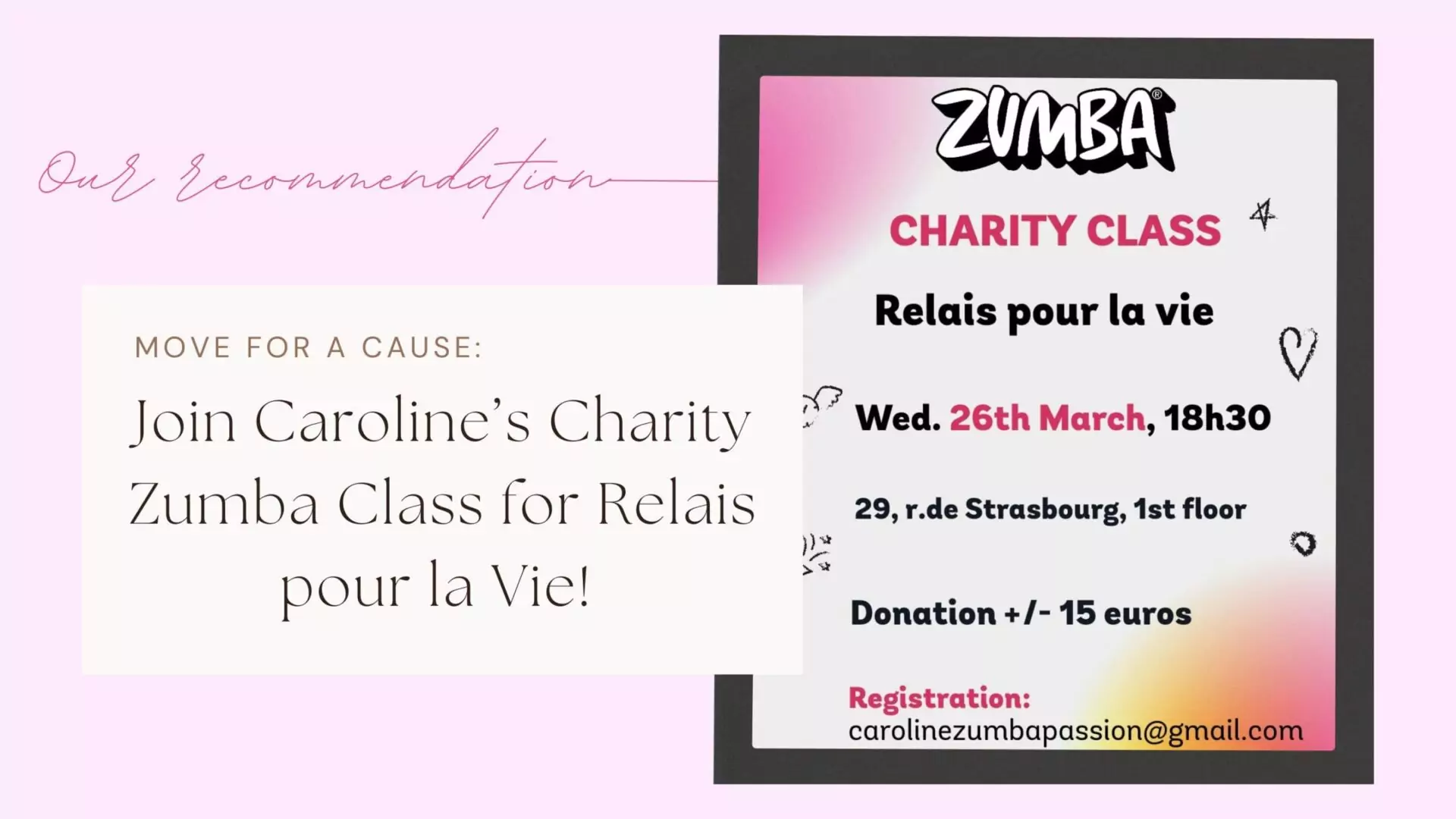 ALGSO's banner for Charity Zumba class for Relais pour la Vie in Luxembourg
