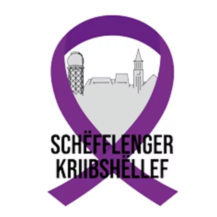 a purple ribbon with a city behind it.