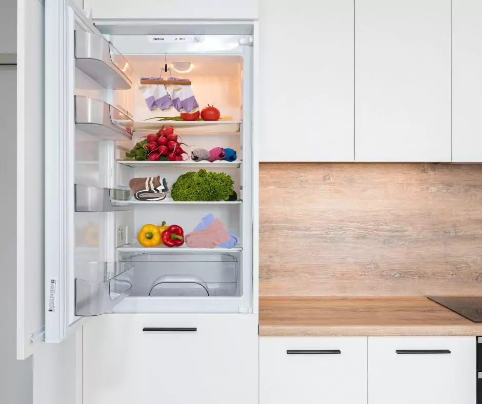 a refrigerator with food and socks on shelves