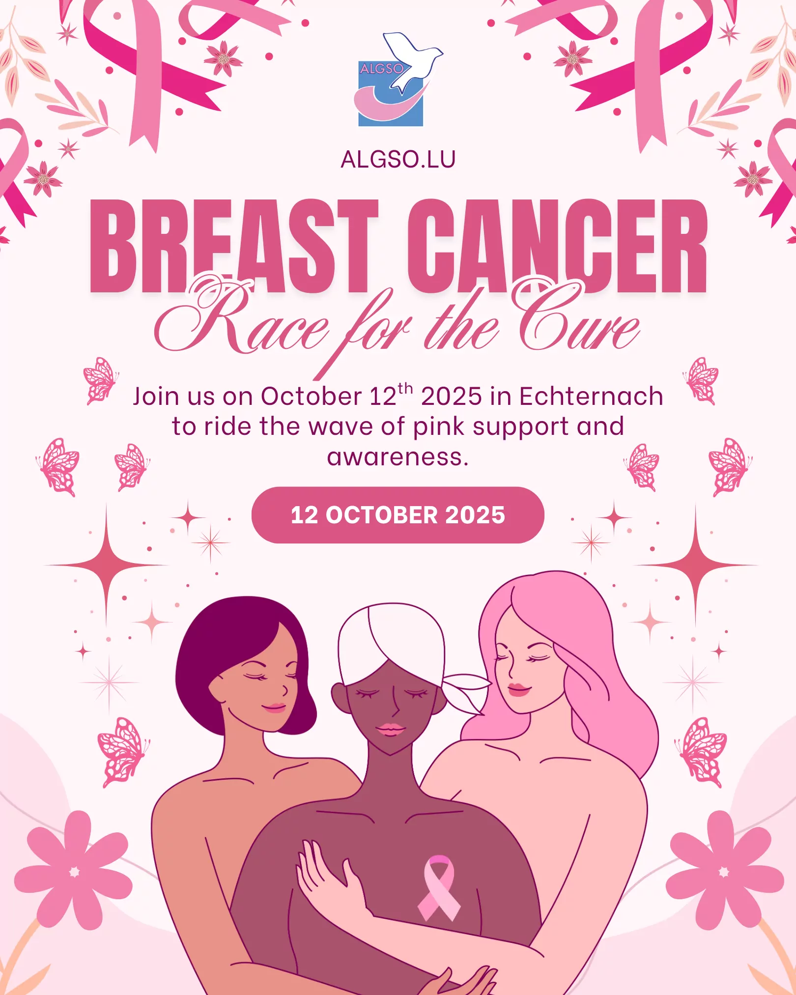 drawing of three women, the middle one has a headscarf and a breast cancer pink ribbon. Text: Breast Cancer, Race for the Cure, join us on October 12th in Echternach to ride the wave of pink support and awareness."